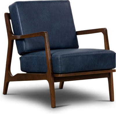 Walnut-frame leather accent chair in midnight blue, front view