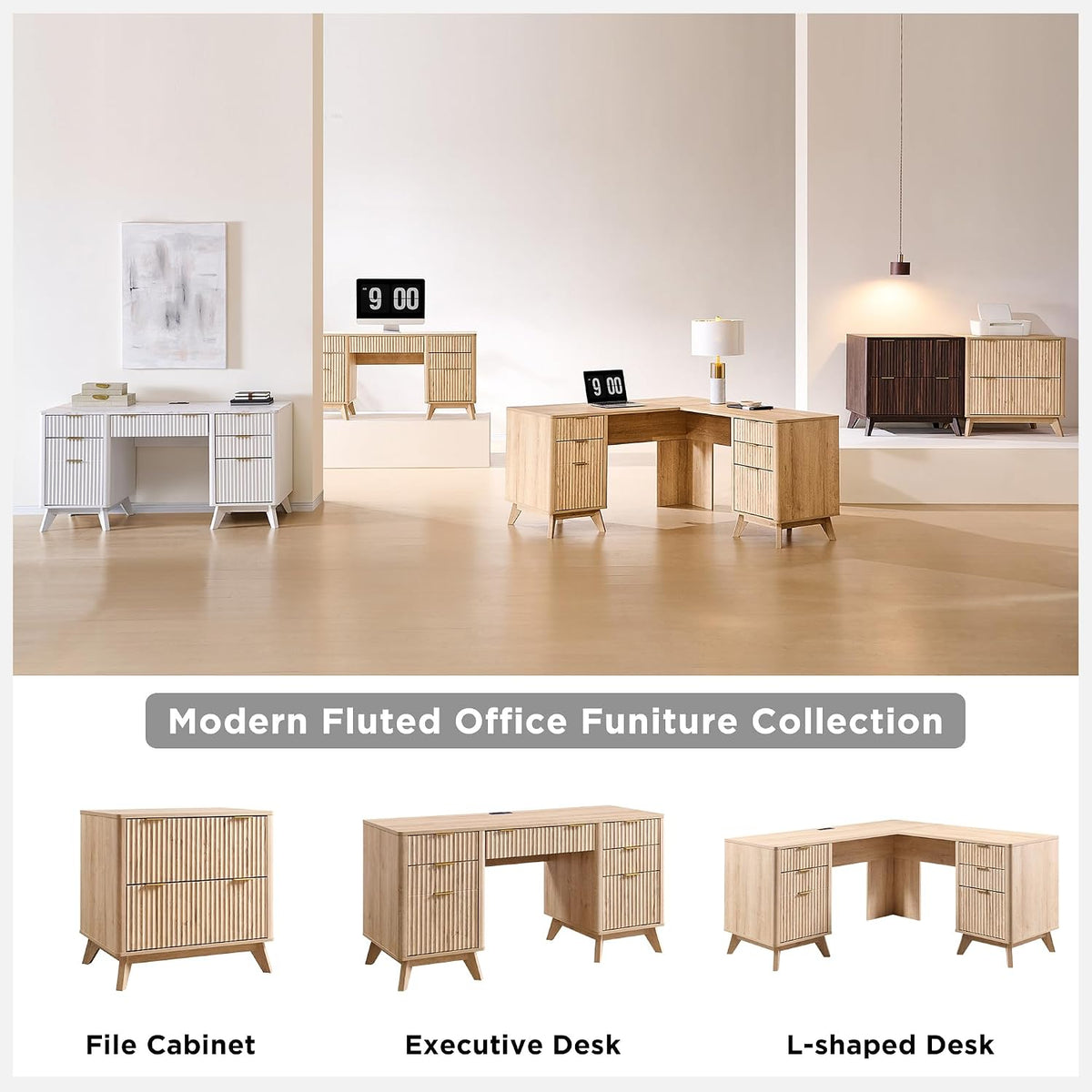 Fluted executive desk, natural oak, styled in a home office setting