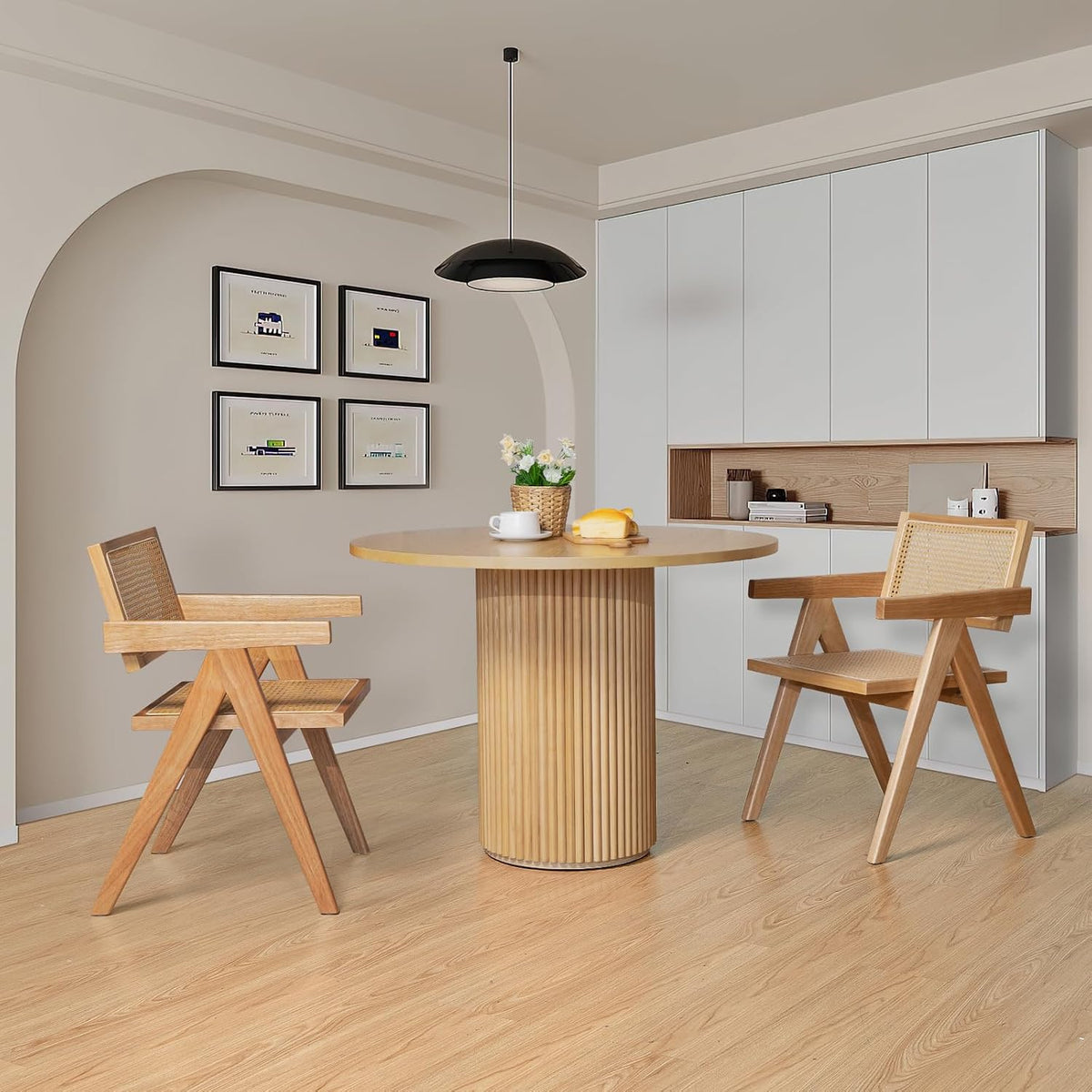 Round dining table with fluted pedestal base dimension diagram