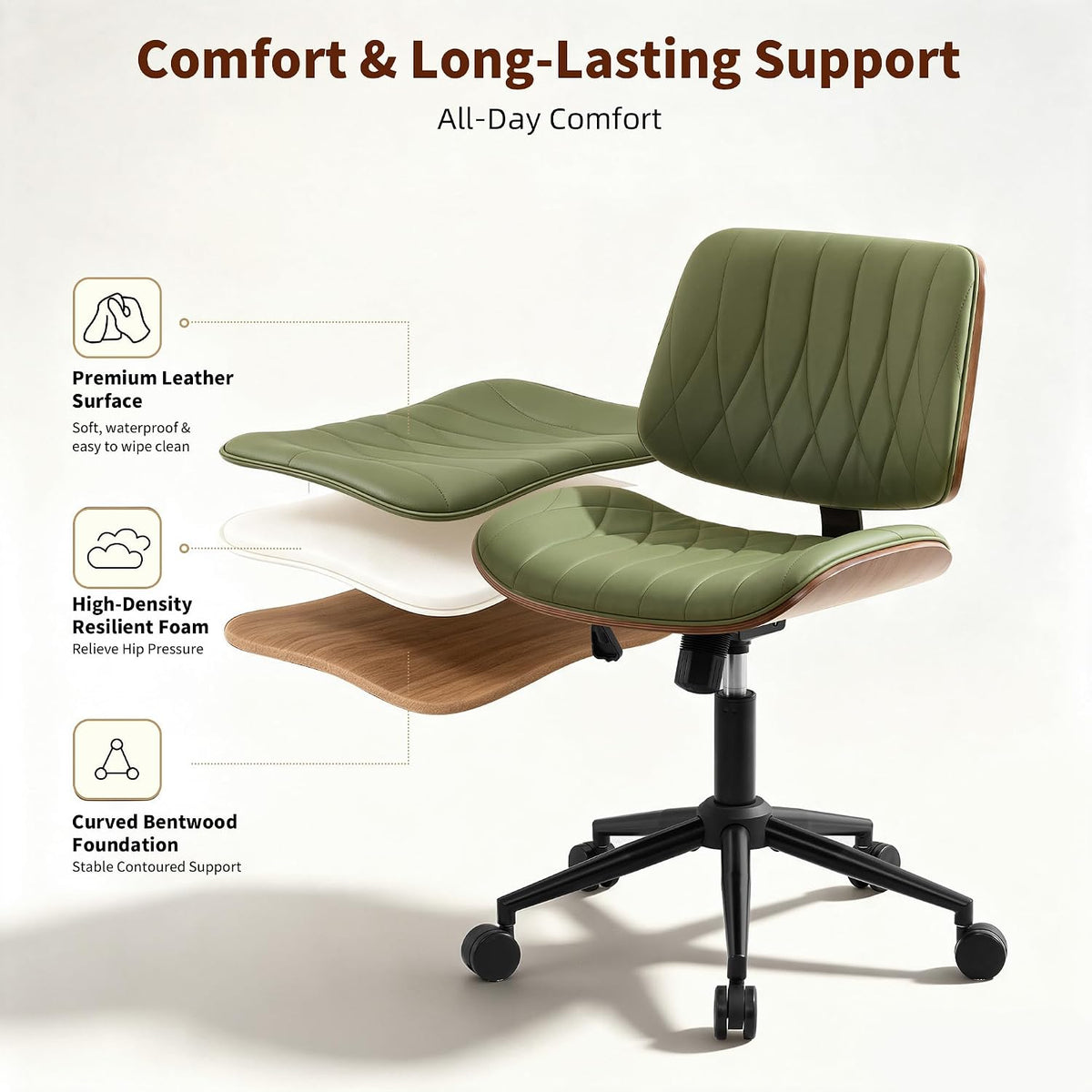 Curved sage green faux leather armless desk chair shown at a home desk setting