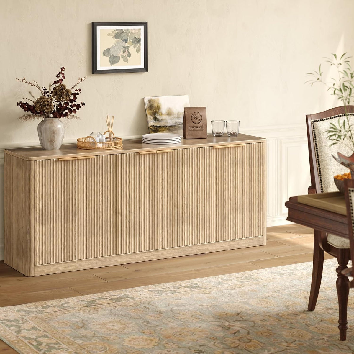 Fluted oak TV stand, styled in a living room with television