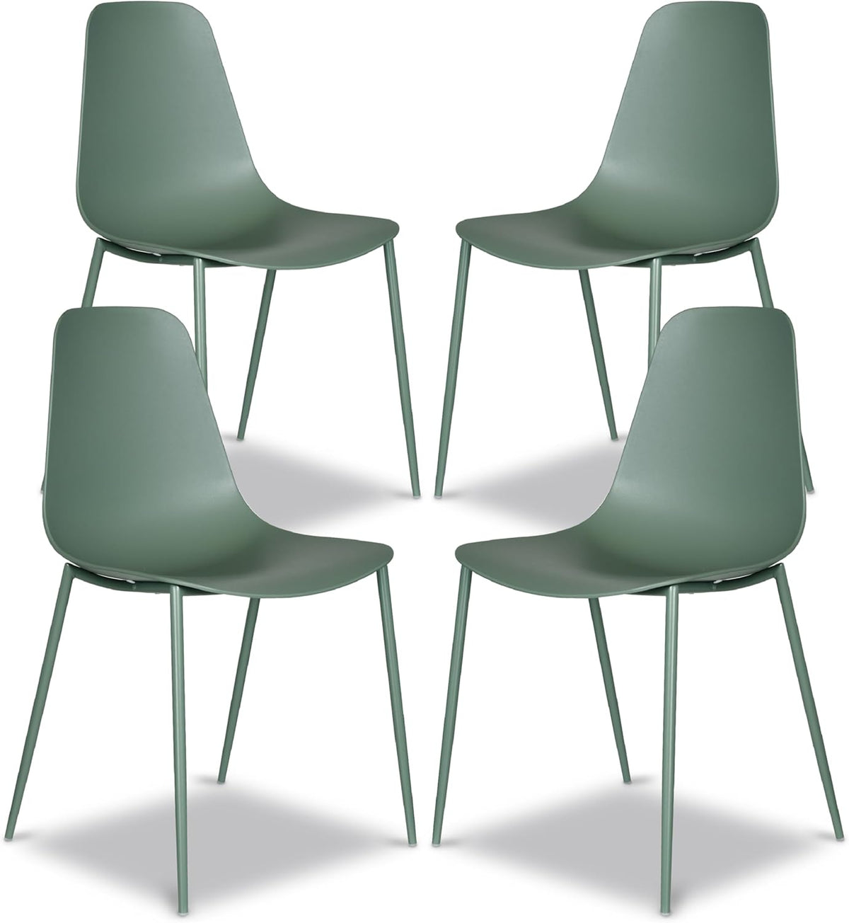Set of 4 pistachio green molded plastic dining chairs with matte black metal legs