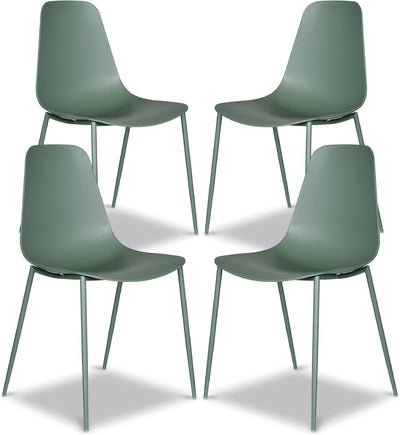 Set of 4 pistachio green molded plastic dining chairs with matte black metal legs