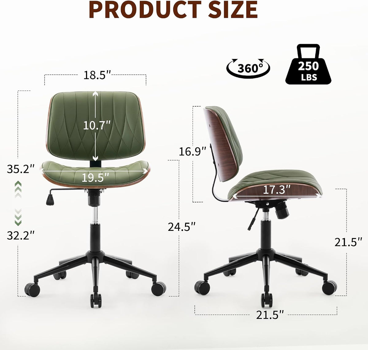 Curved sage green faux leather armless desk chair with walnut wood back, three-quarter angle view