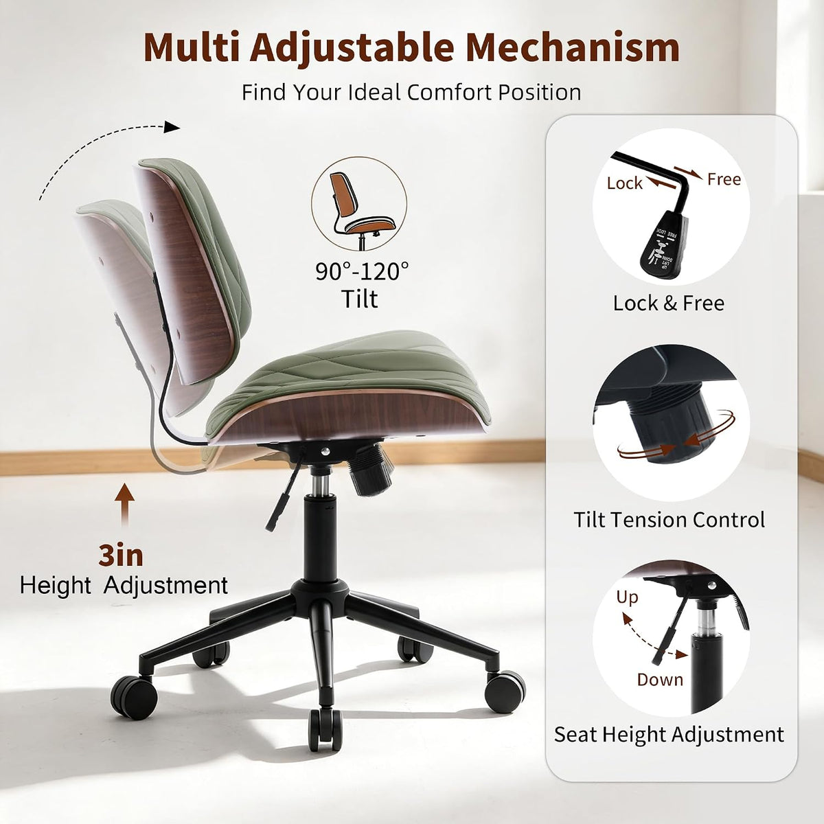 Curved sage green faux leather armless desk chair with walnut wood back, side profile view showing curved backrest