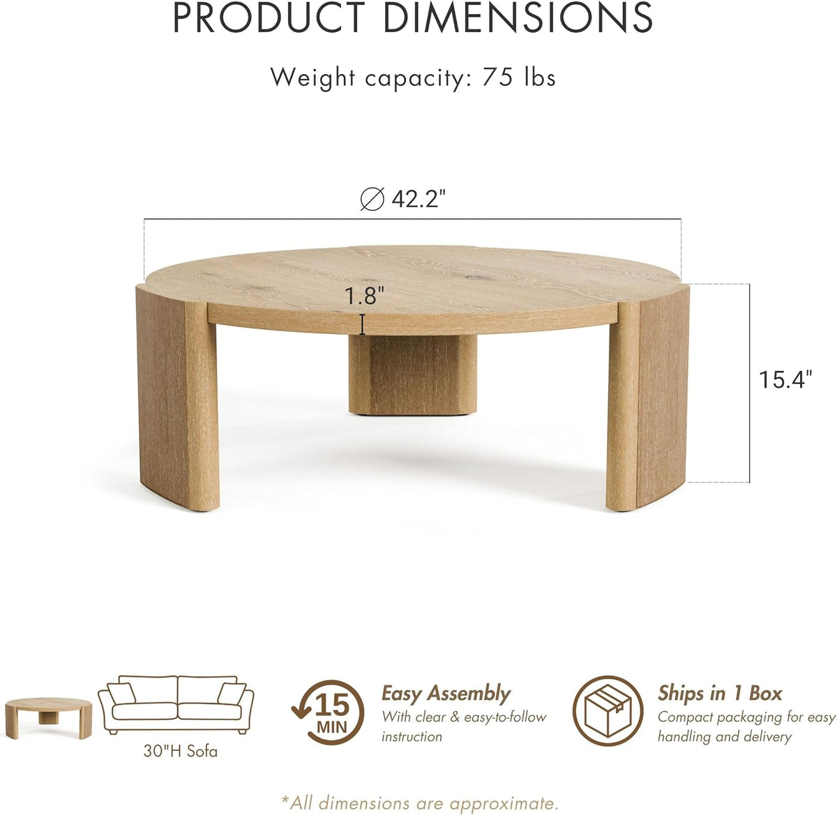 Round oak coffee table showing curved plinth-style leg panels