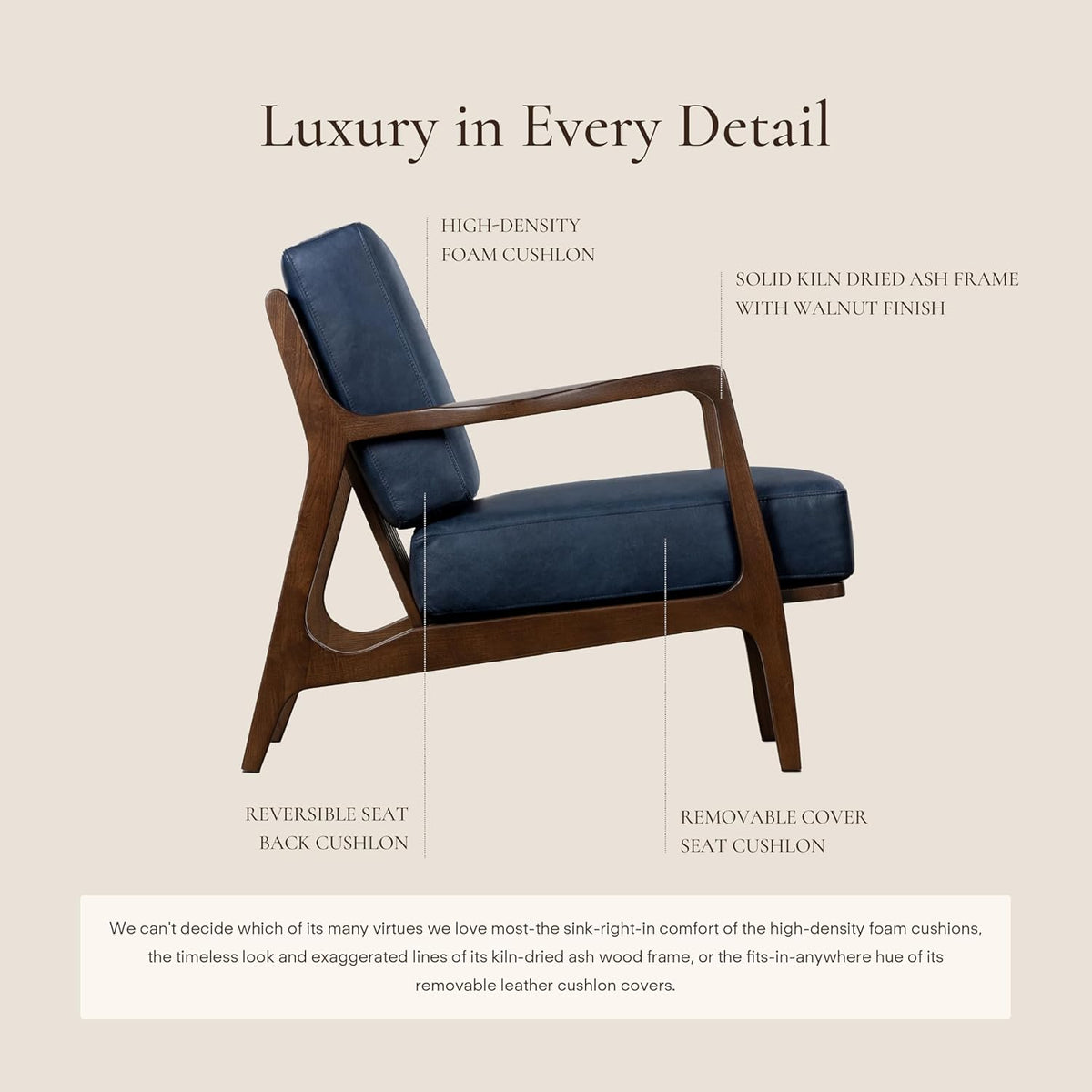 Walnut-frame leather accent chair side profile showing reclined back