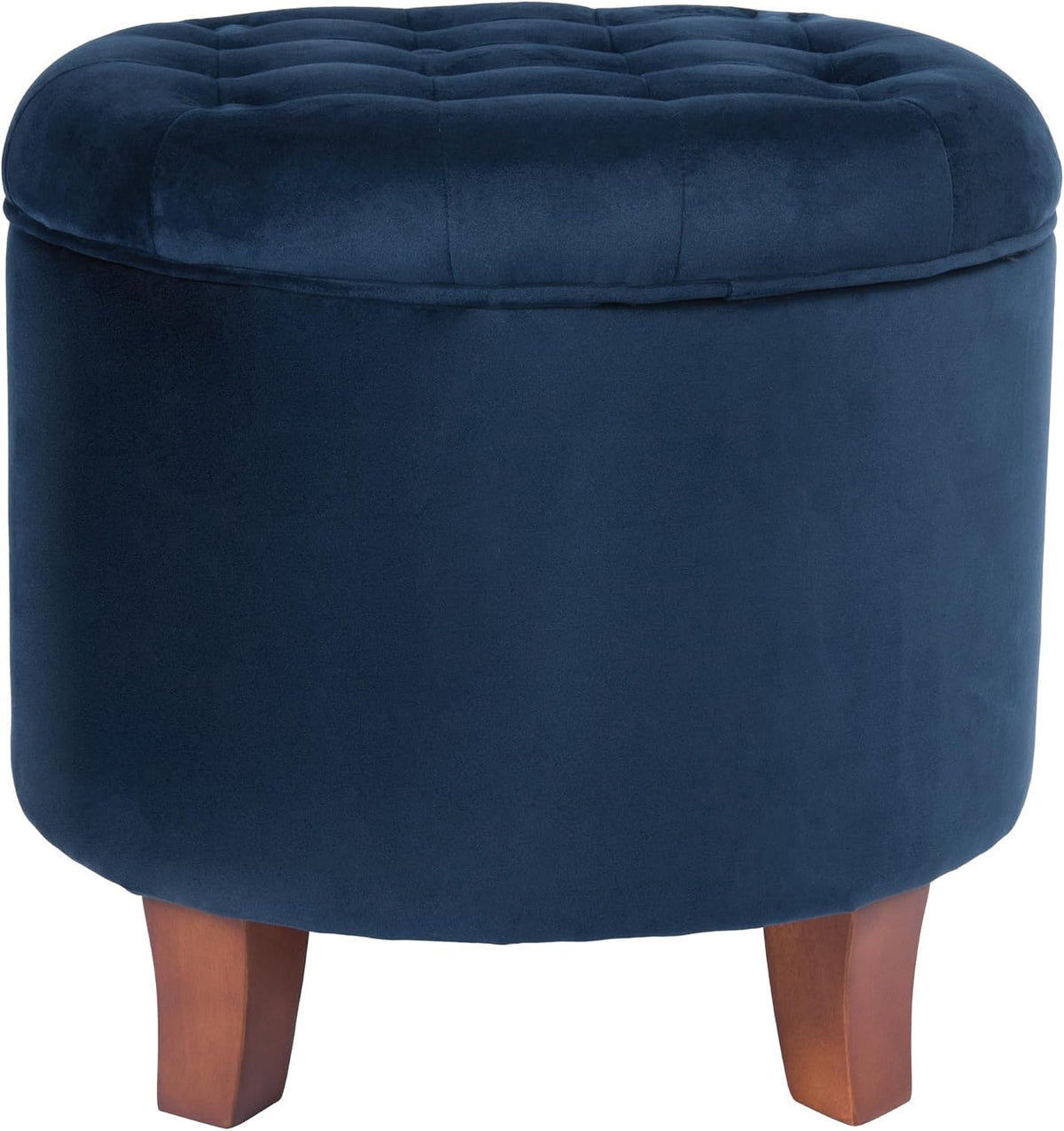 Navy velvet button-tufted storage ottoman, front view
