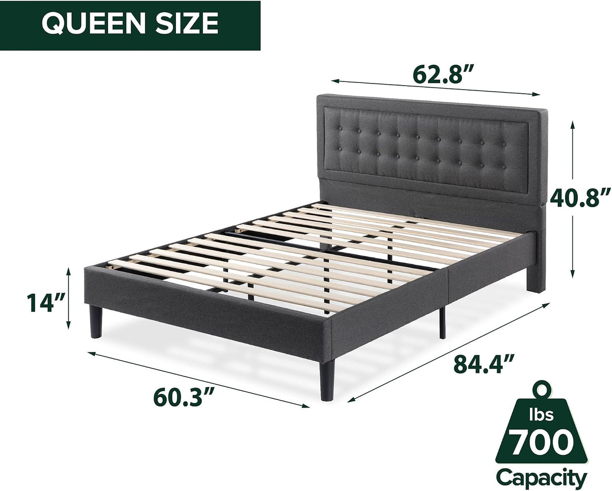 Upholstered platform bed frame, angled view
