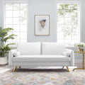 White performance velvet loveseat with gold legs, front view