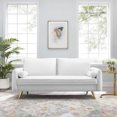 White performance velvet loveseat with gold legs, front view
