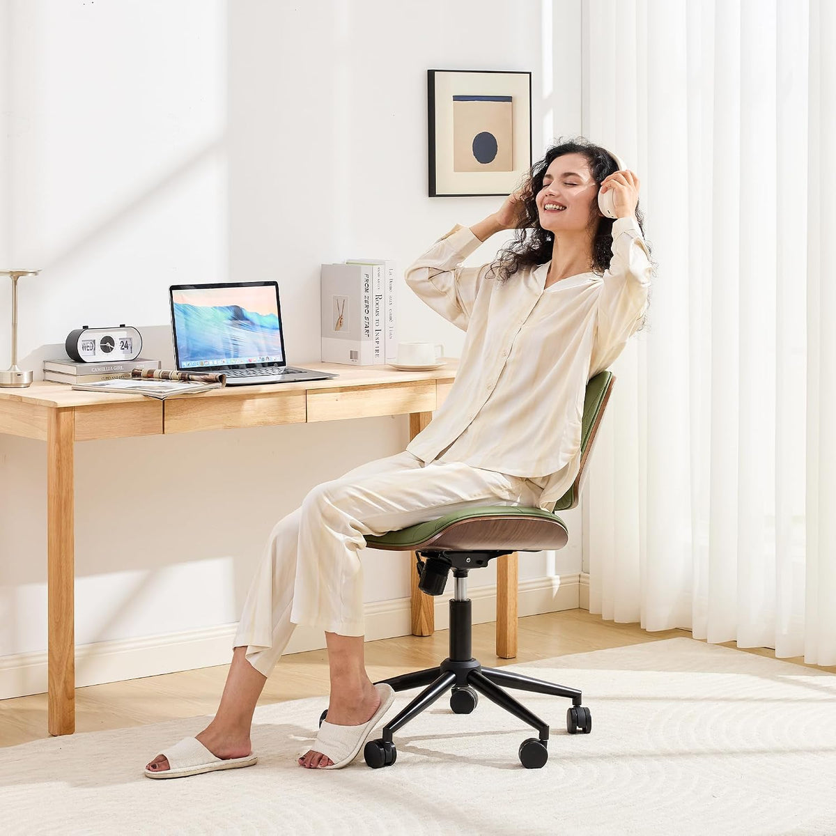 Sage green armless desk chair dimension diagram showing seat height and width measurements