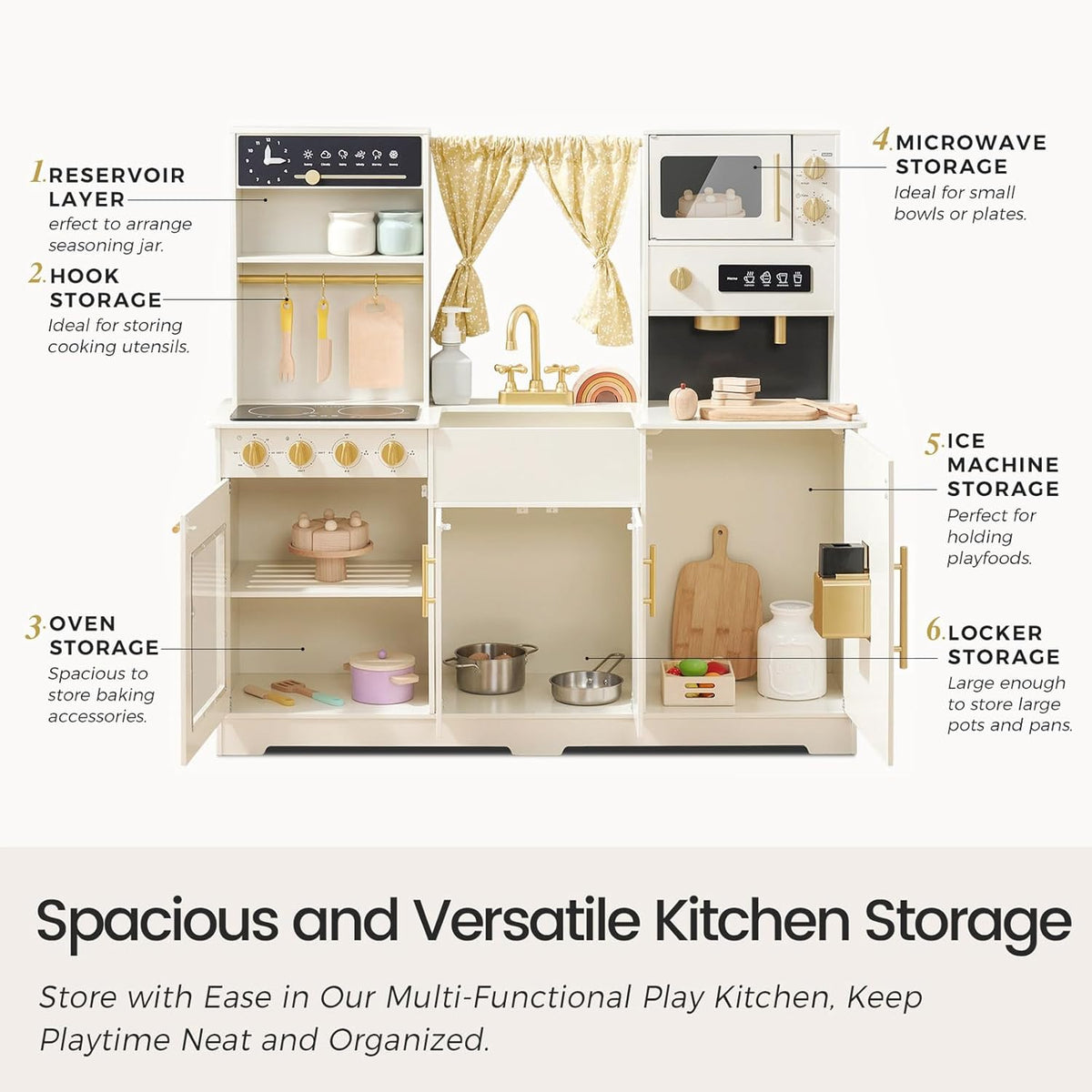 Modern wooden play kitchen, cream white, dimension diagram