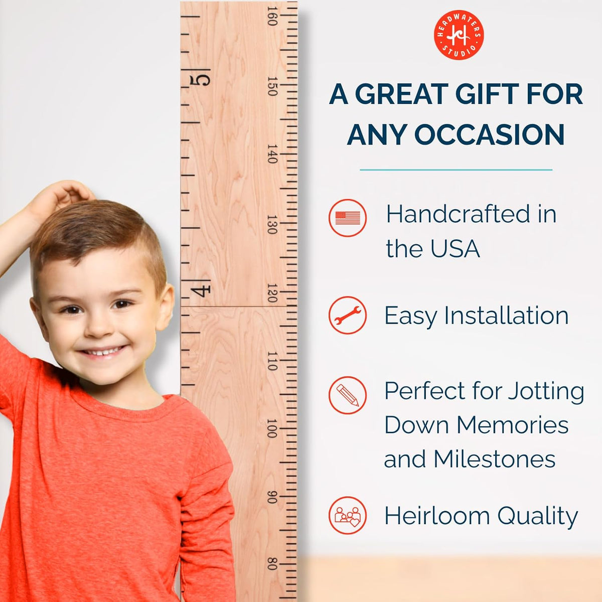 Headwaters Studio wooden growth chart, close-up of ruler markings