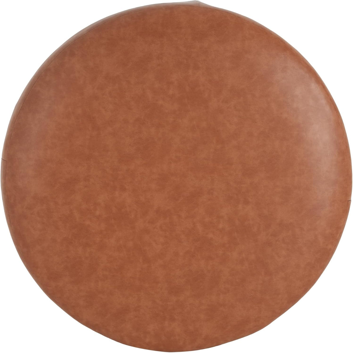 Round faux leather ottoman, cognac brown, wood base and leg detail