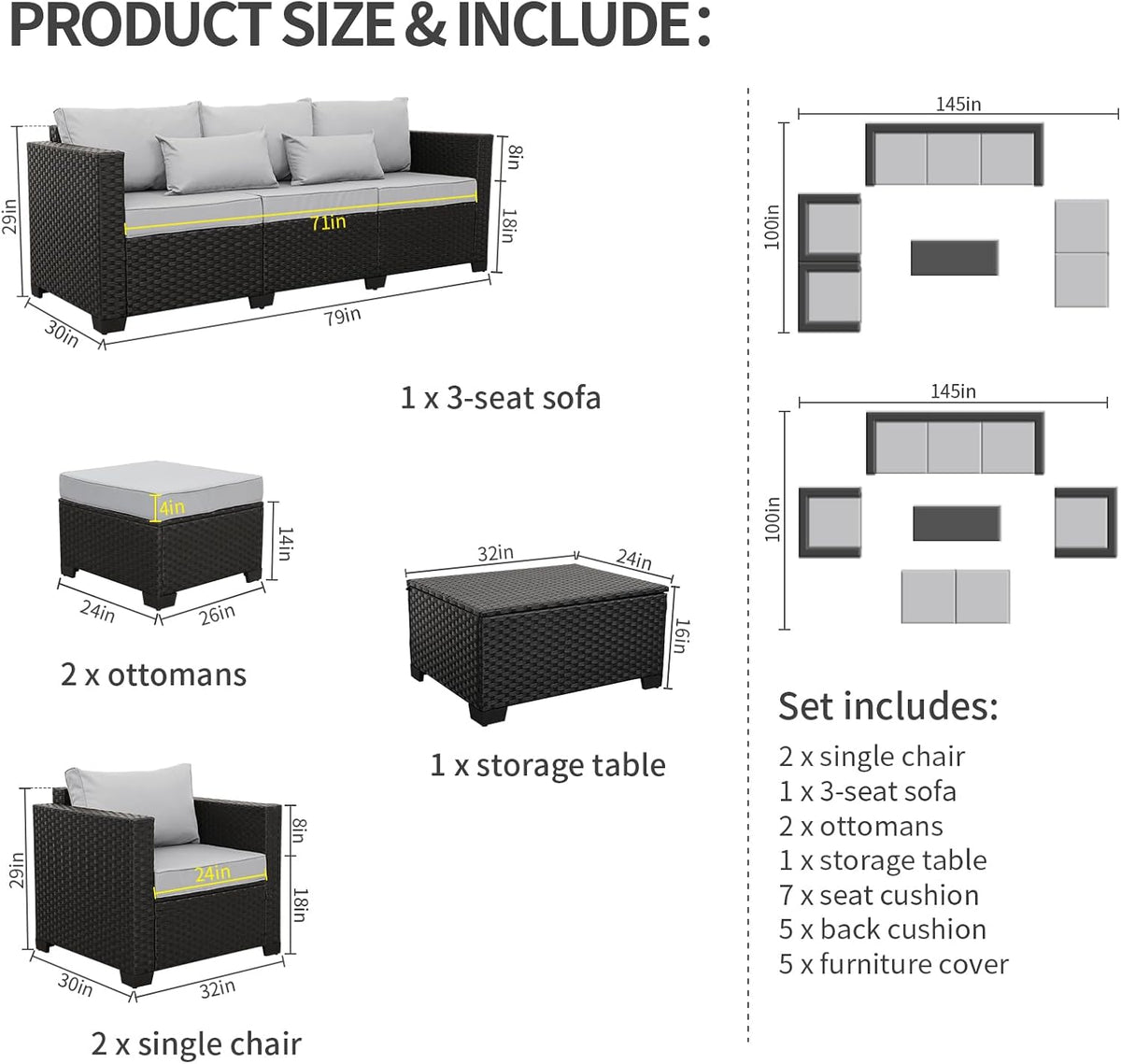 Black wicker outdoor sectional set storage table shown open