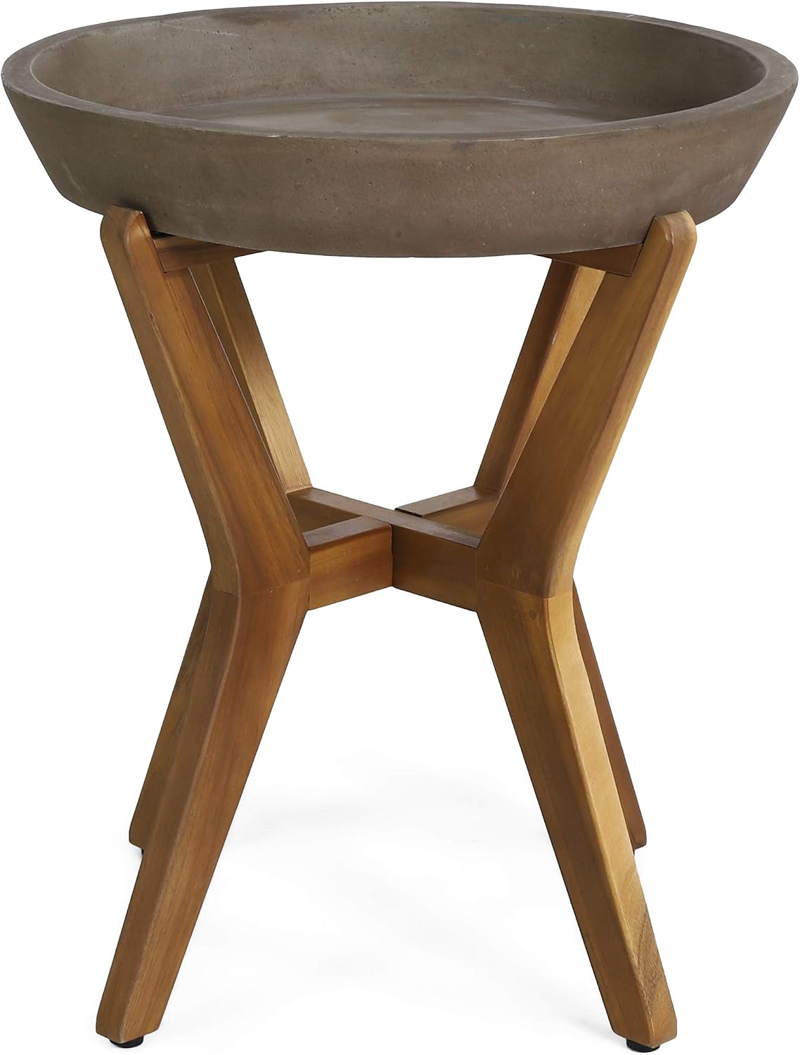 Concrete and acacia wood outdoor side table, close-up of wood grain and joinery