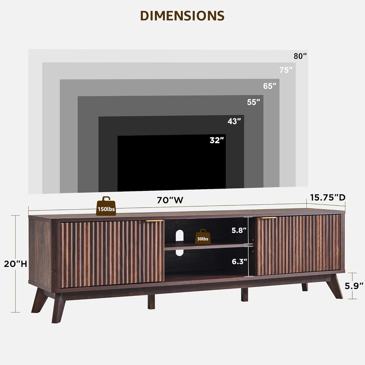 Fluted dark walnut TV stand dimension diagram showing width, depth, and height
