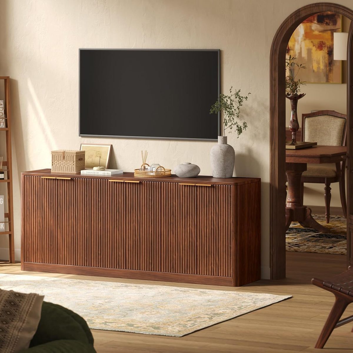 Fluted walnut buffet cabinet, styled in a dining room