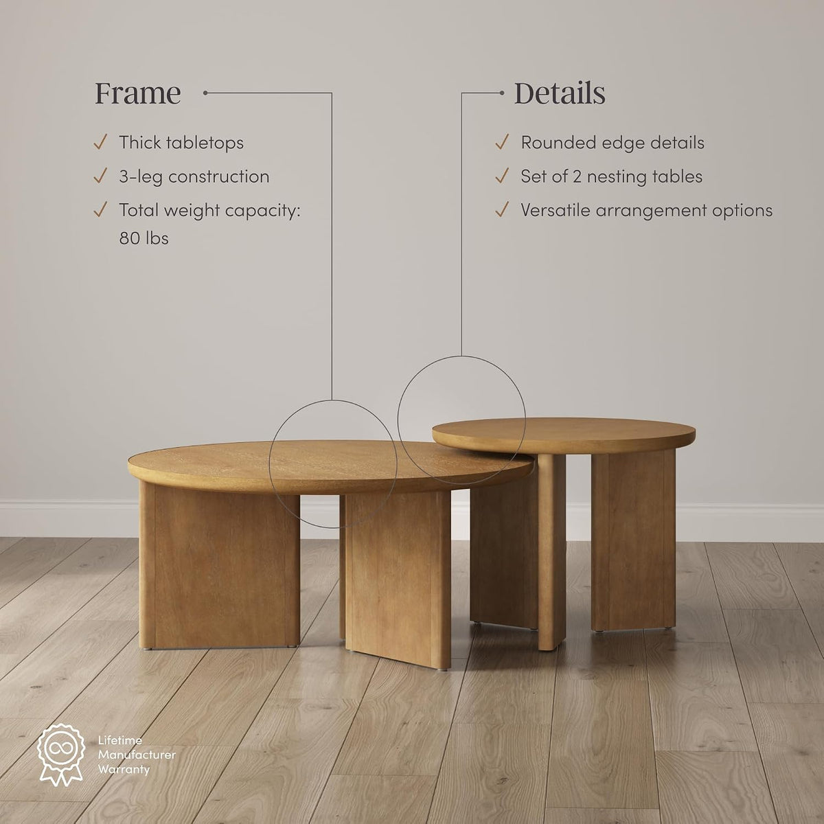 Nesting coffee table set shown in a living room setting