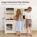 Modern wooden play kitchen with fabric curtains, cream white, front view