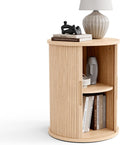 Fluted round oak end table with tambour sliding door, front view