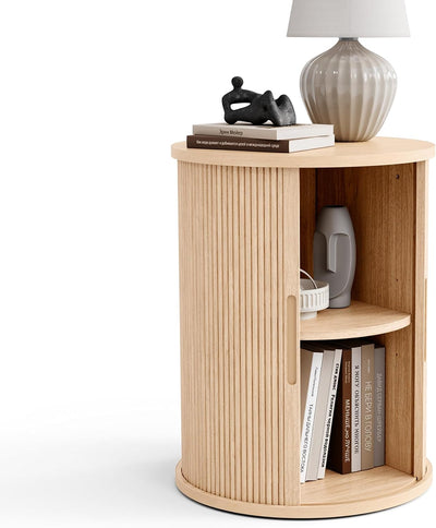 Fluted round oak end table with tambour sliding door, front view
