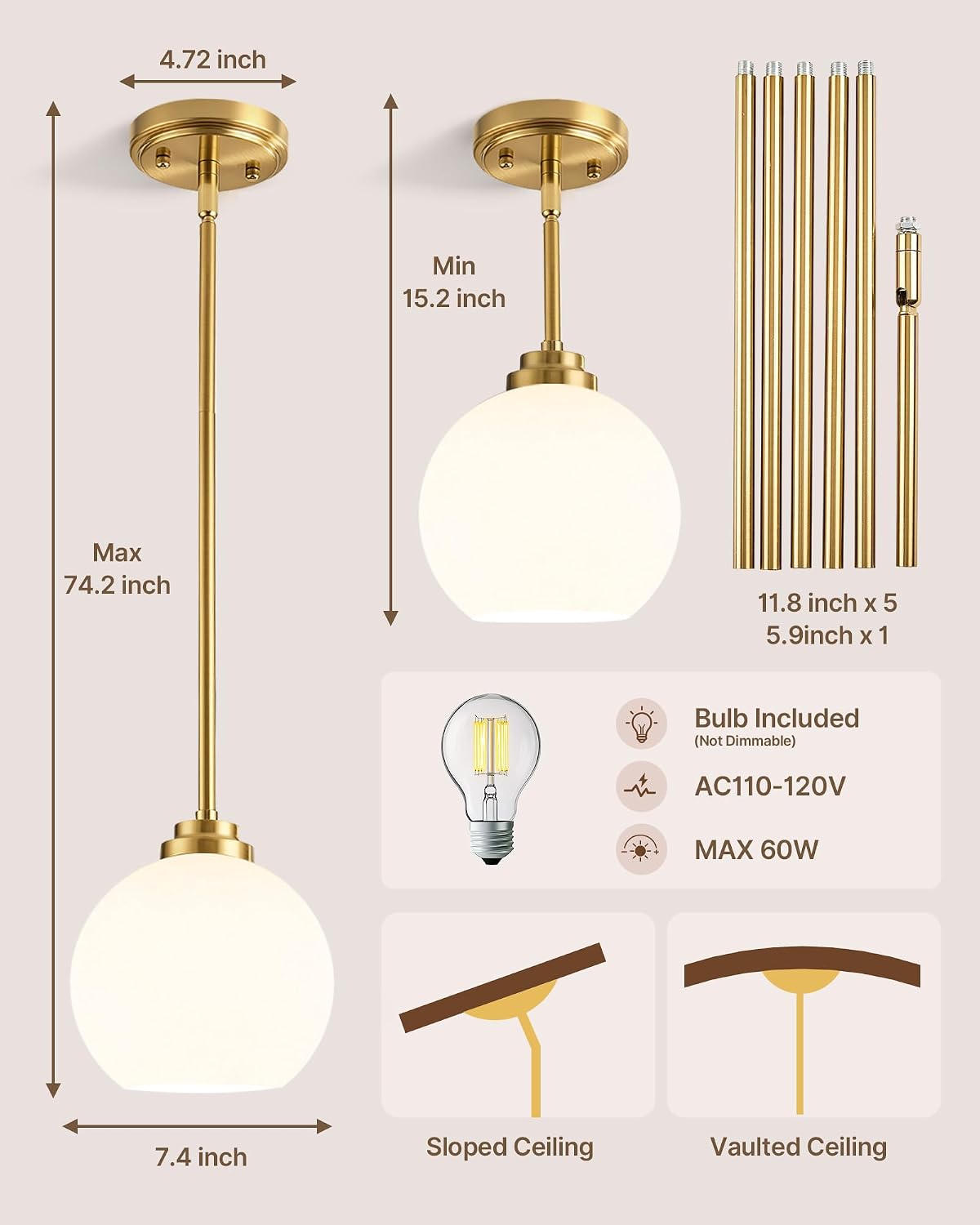 Majade pendant light brushed brass canopy and rod detail