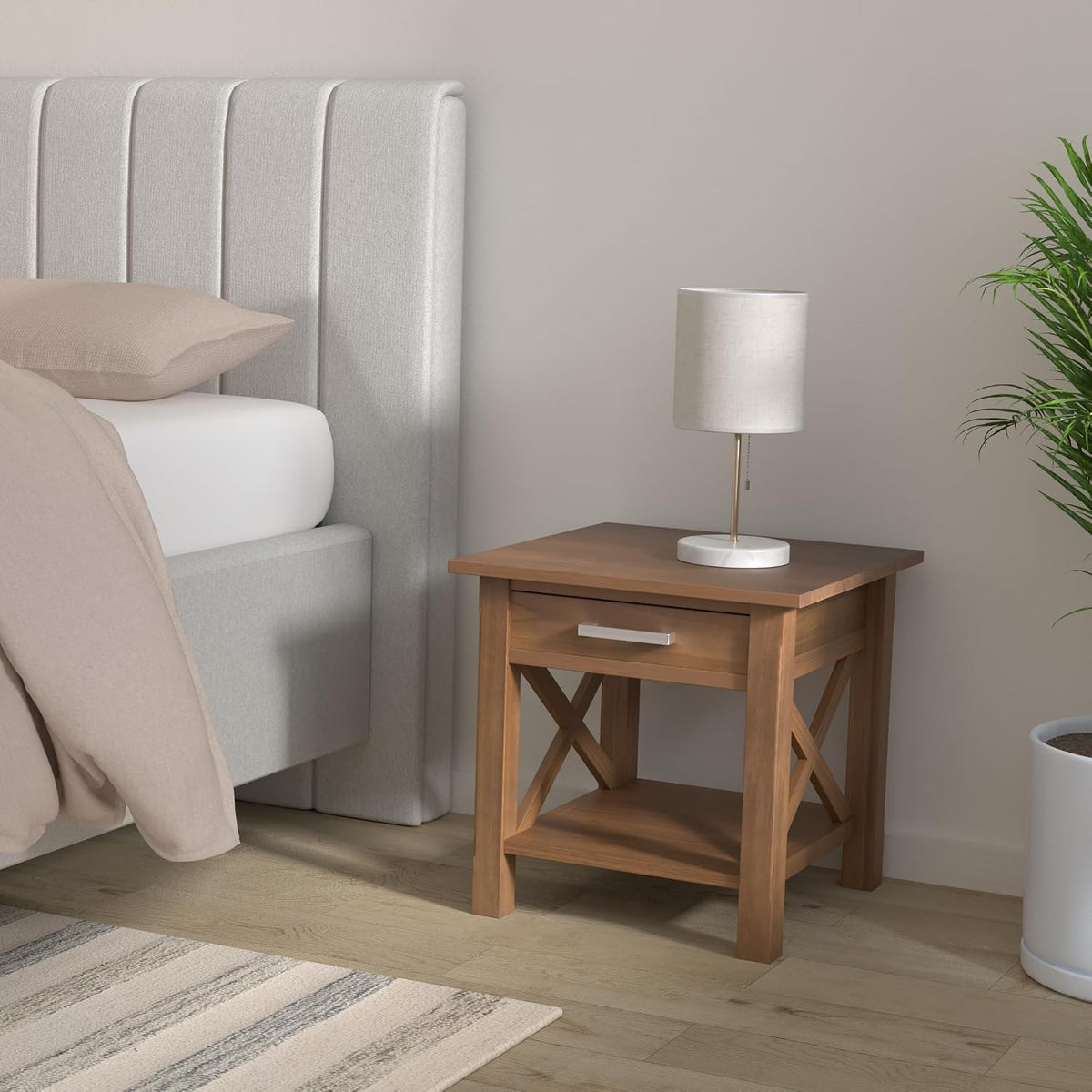 X-design solid wood end table, angled view