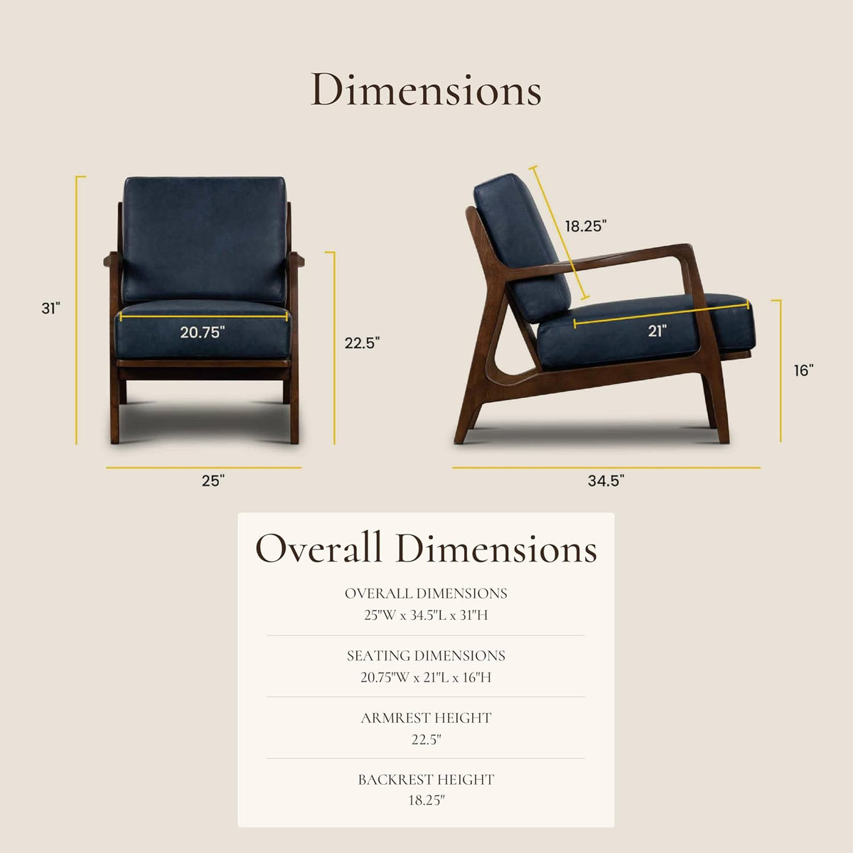 Walnut-frame leather accent chair in midnight blue, angled view