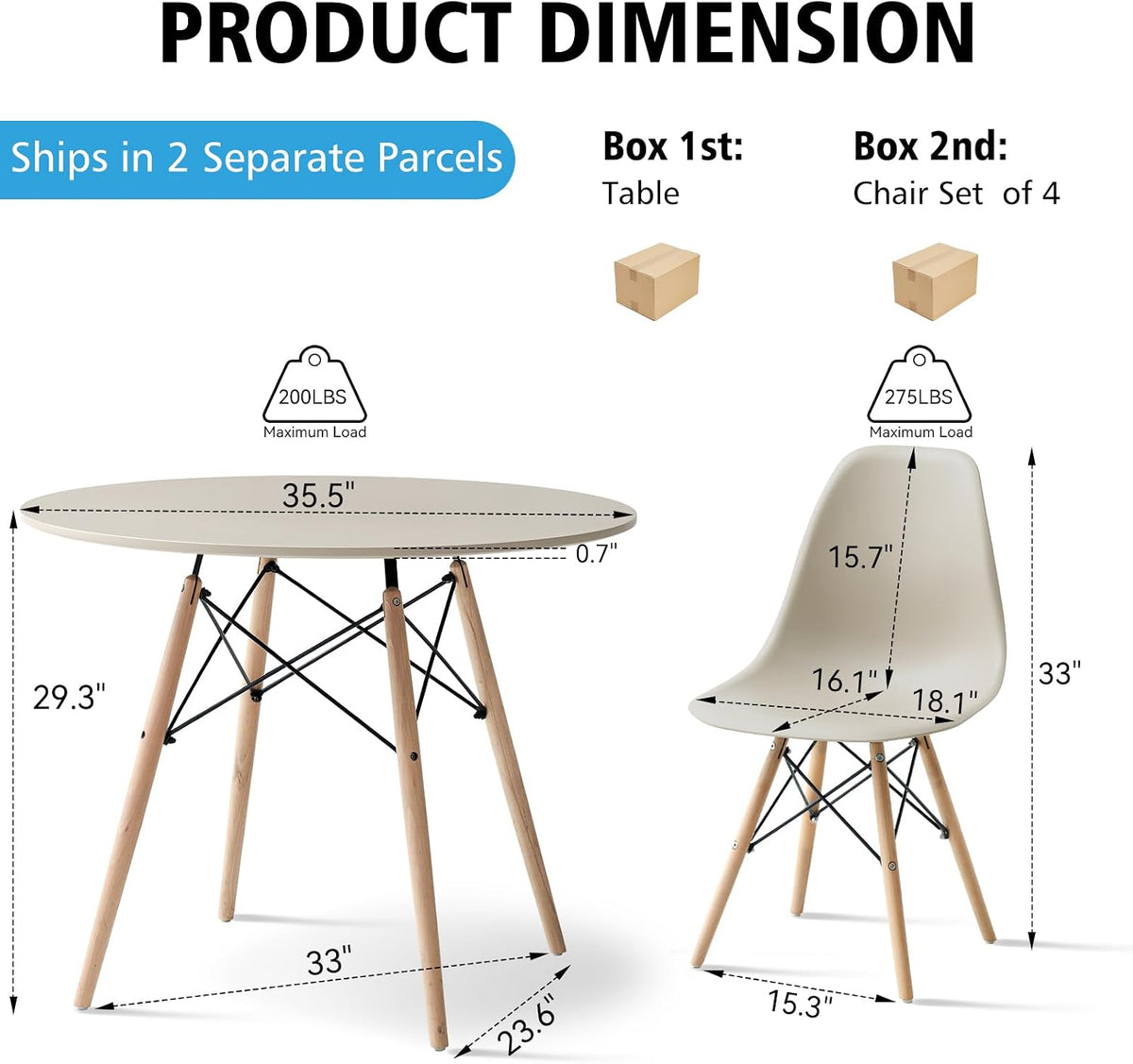Scandinavian round dining set, angled view showing table and four chairs
