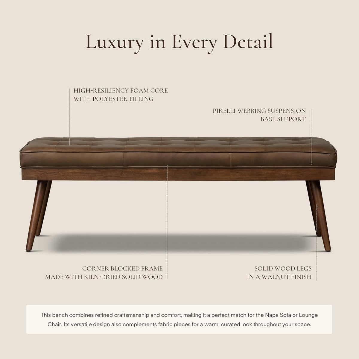 Close-up of Cocoa Brown full-grain Italian leather texture on tufted bench