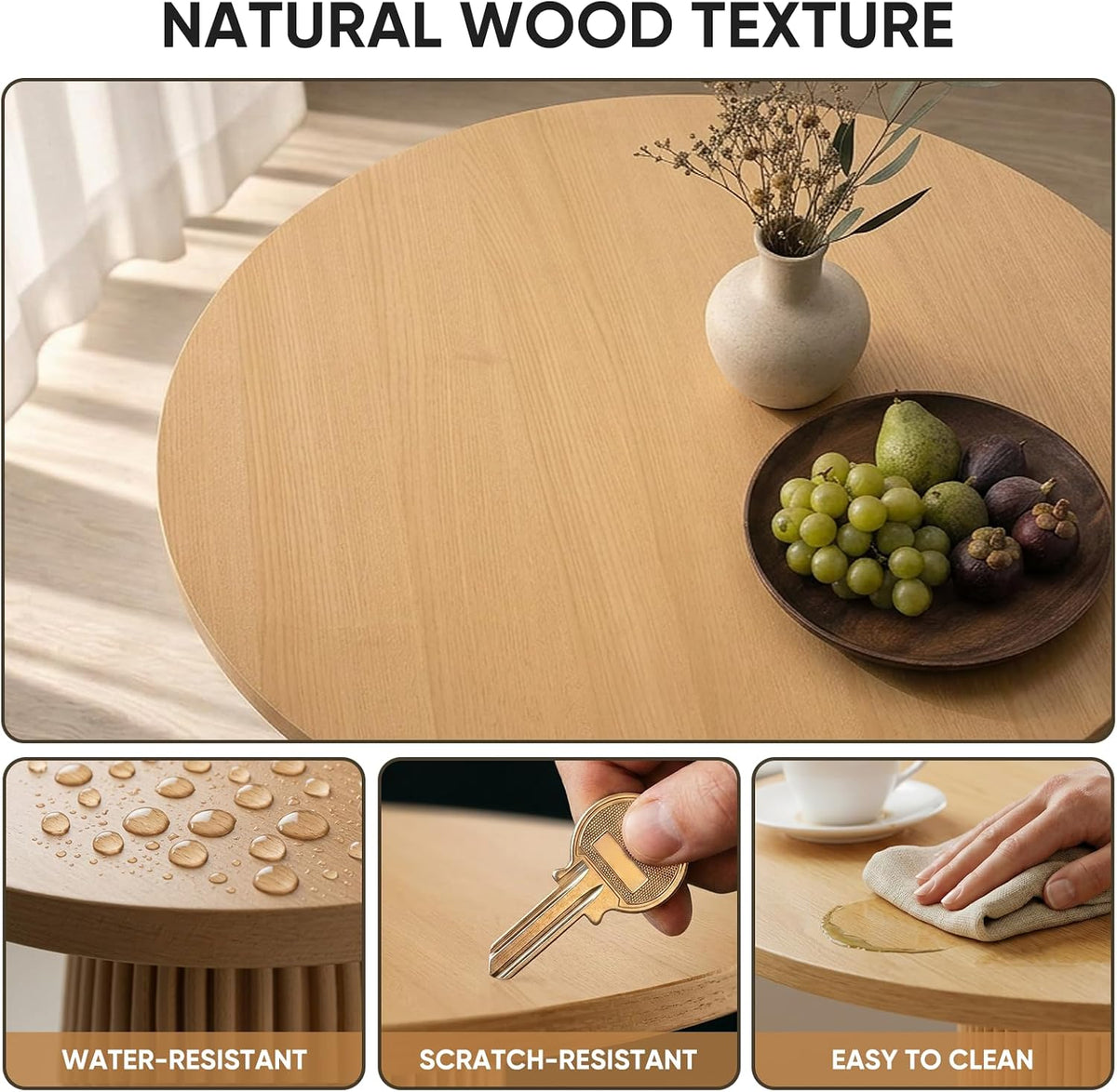 Round dining table with fluted pedestal, top-down view of tabletop surface