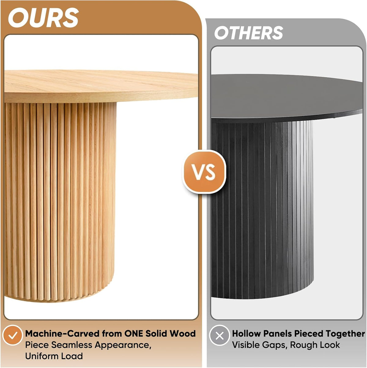 Round dining table with fluted pedestal base, side angle view showing height