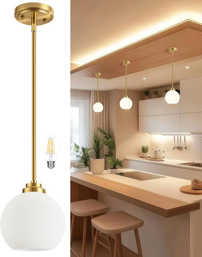 Majade brushed brass globe pendant light with milk glass shade