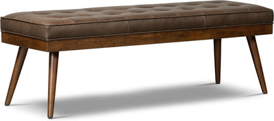 Poly & Bark 55 inch tufted Italian leather bed bench in Cocoa Brown, front angled view