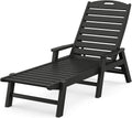 Black HDPE outdoor chaise lounge with arms and slatted seat, reclining position, three-quarter view