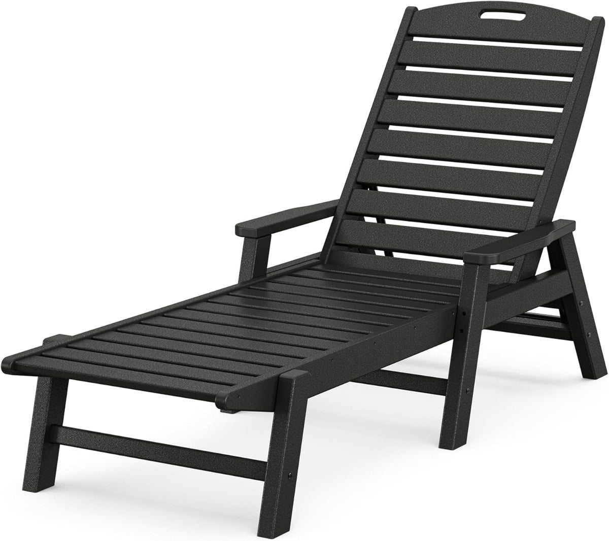 Black HDPE outdoor chaise lounge with arms and slatted seat, reclining position, three-quarter view