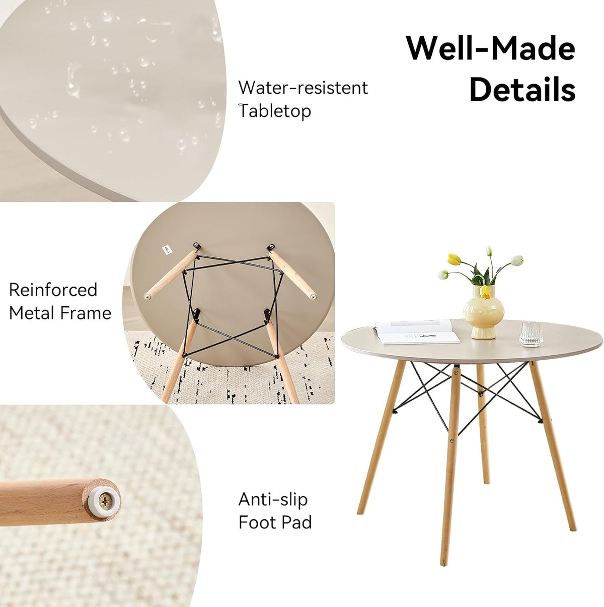 Scandinavian round dining table top surface detail, sand finish