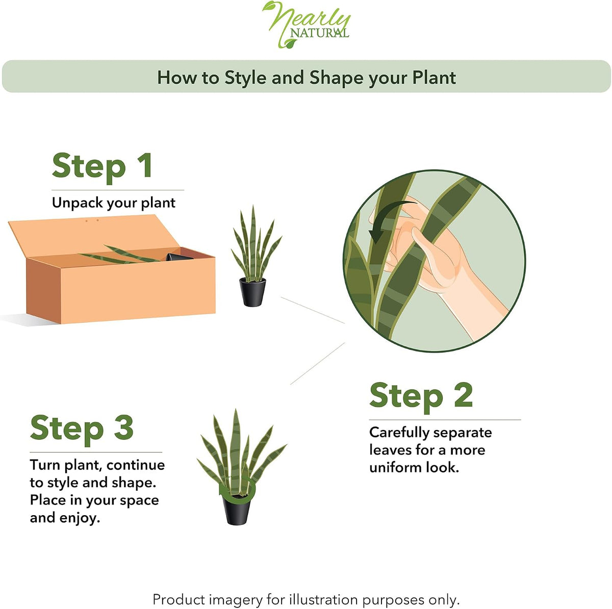 Artificial snake plant with black planter, dimension diagram