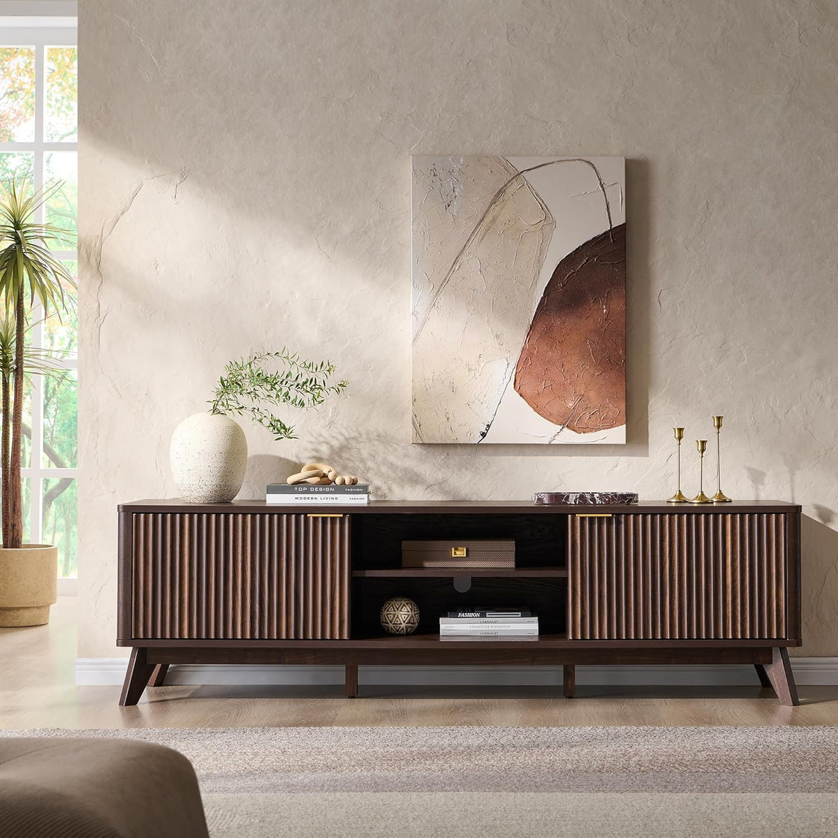 Fluted dark walnut TV stand, angled view showing curved cabinet doors