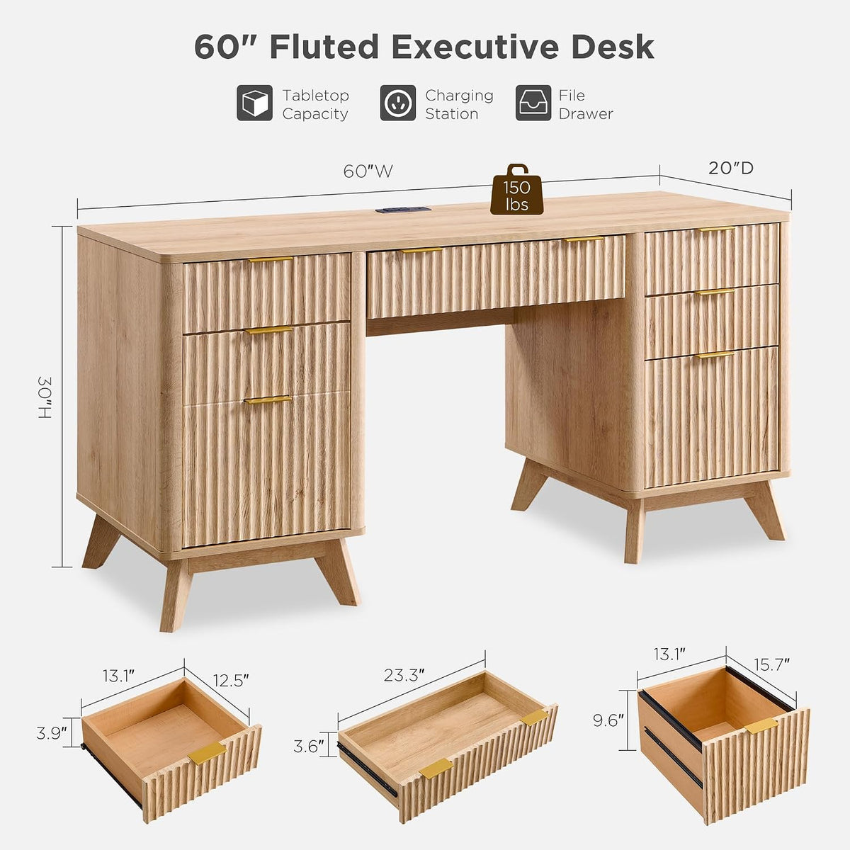 Fluted executive desk, natural oak, angled view showing drawers and cabinet