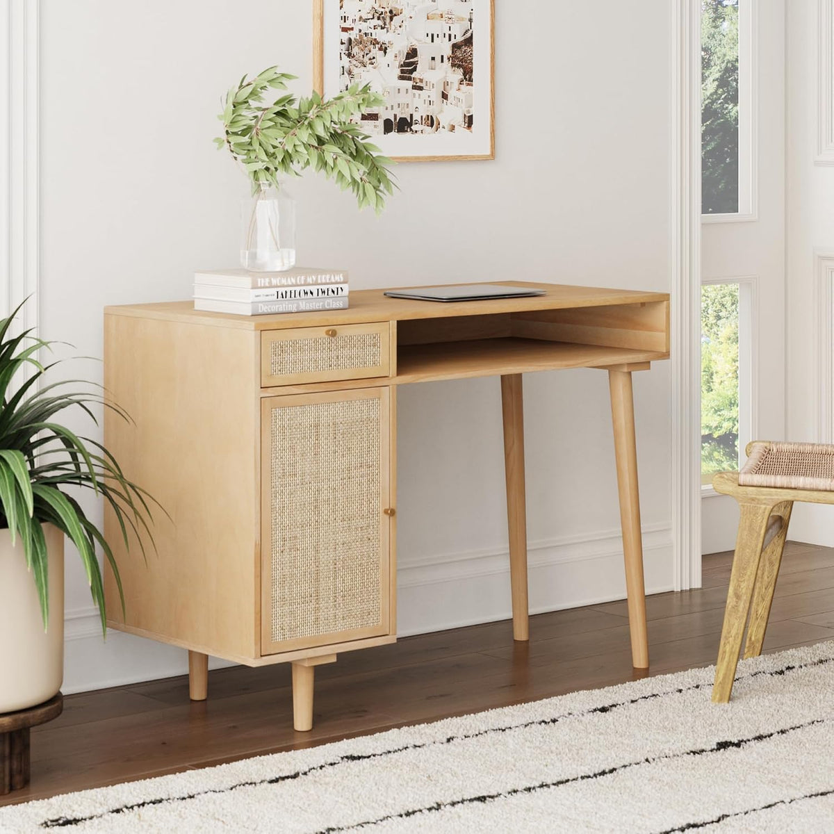 Rattan writing desk with gold hardware, front view