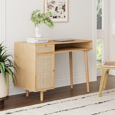 Rattan writing desk with gold hardware, front view