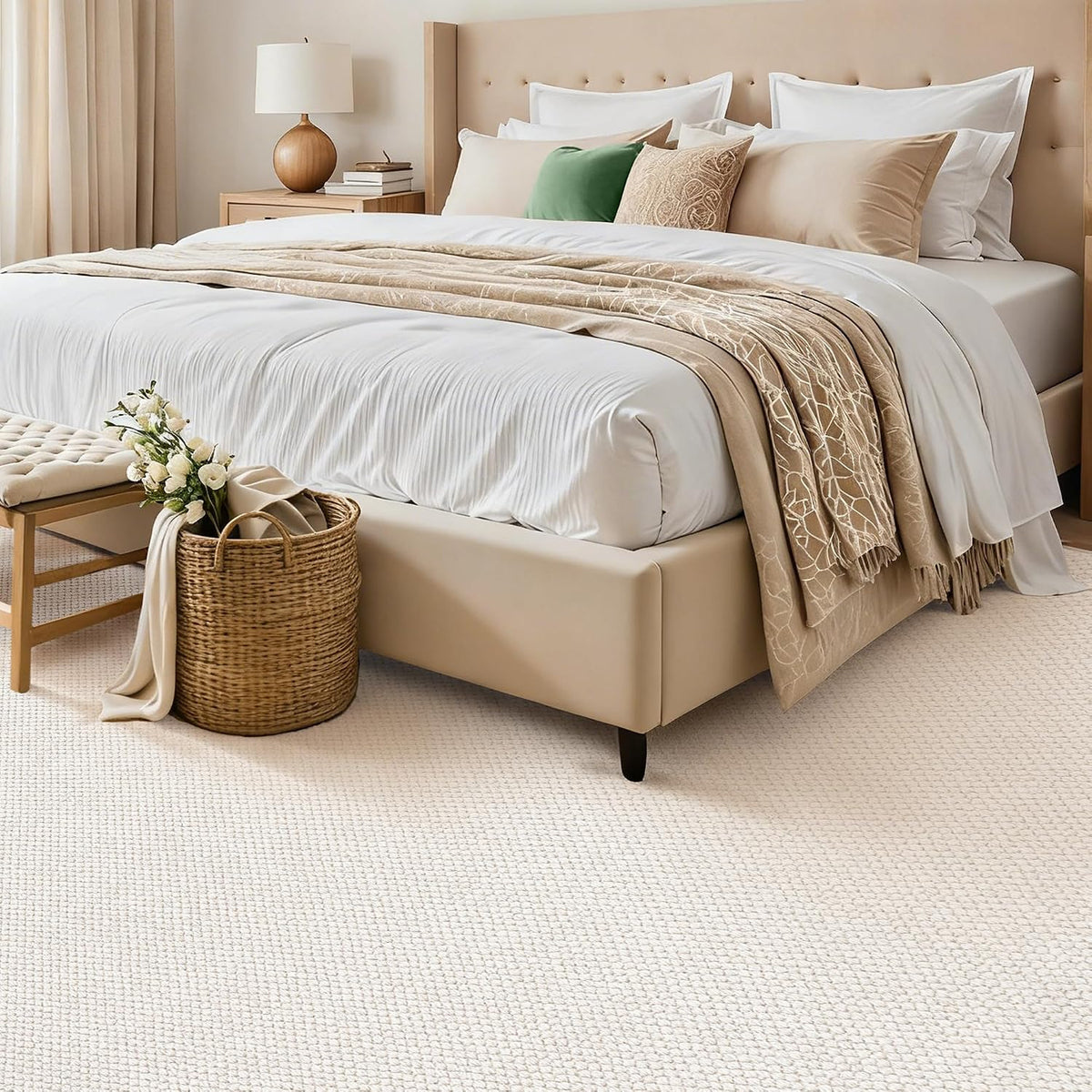 Merino wool area rug, beige cream, styled in a living room