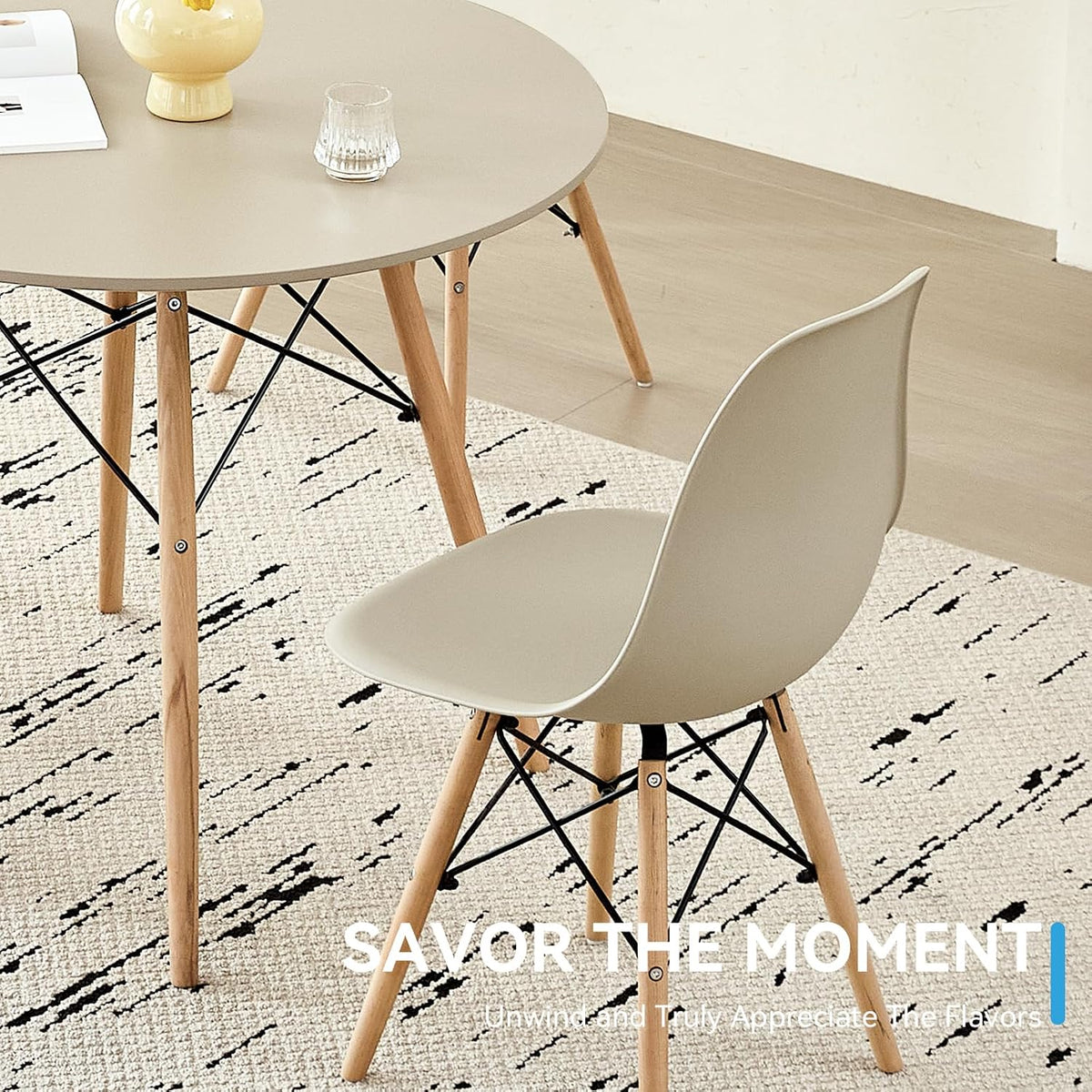 Scandinavian round dining set, overhead view showing table and chair arrangement