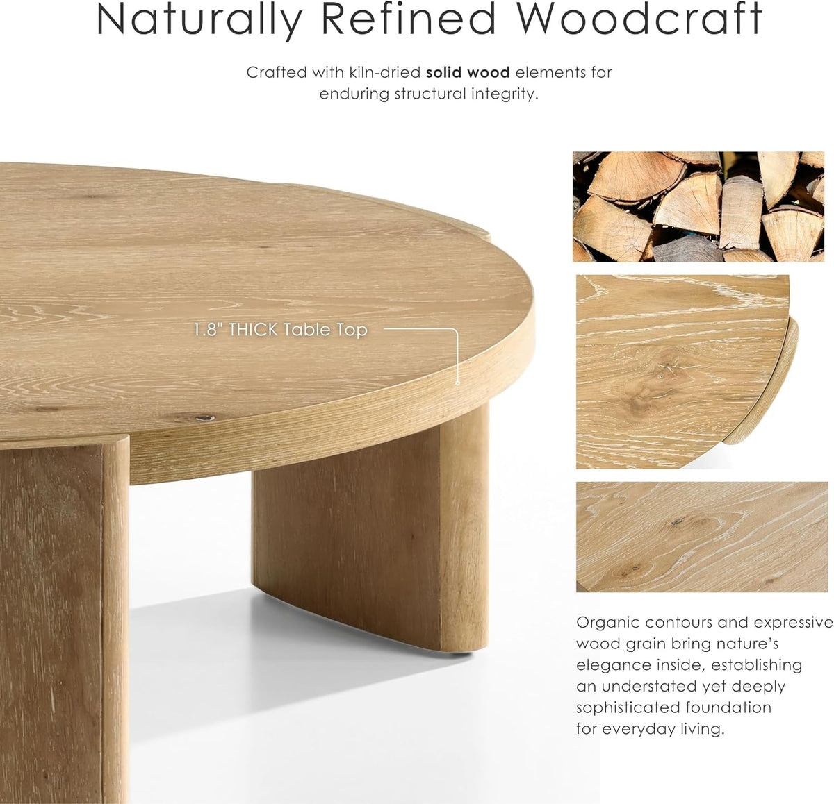 Round oak coffee table styled in a living room setting