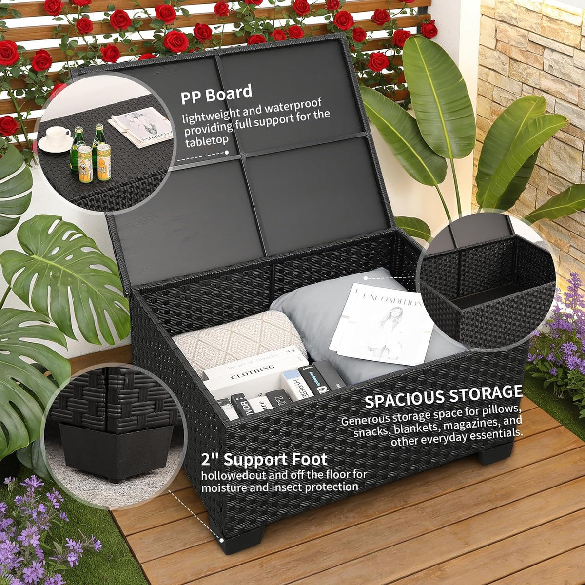 Black wicker outdoor sectional set styled on a patio with plants