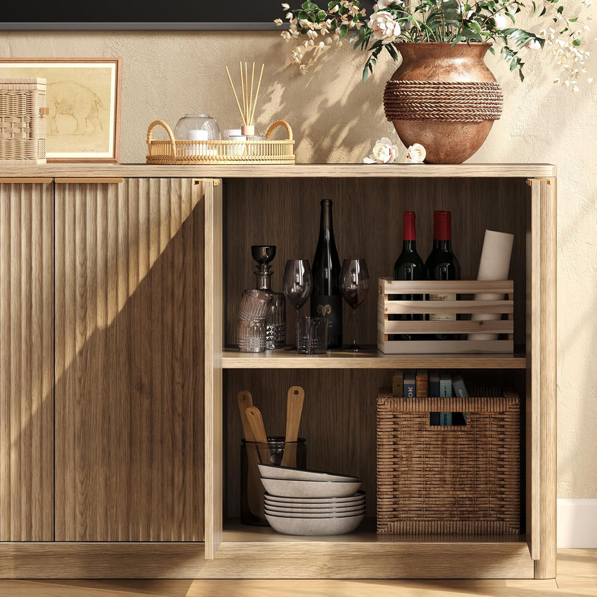 Fluted oak TV stand, open doors showing interior storage