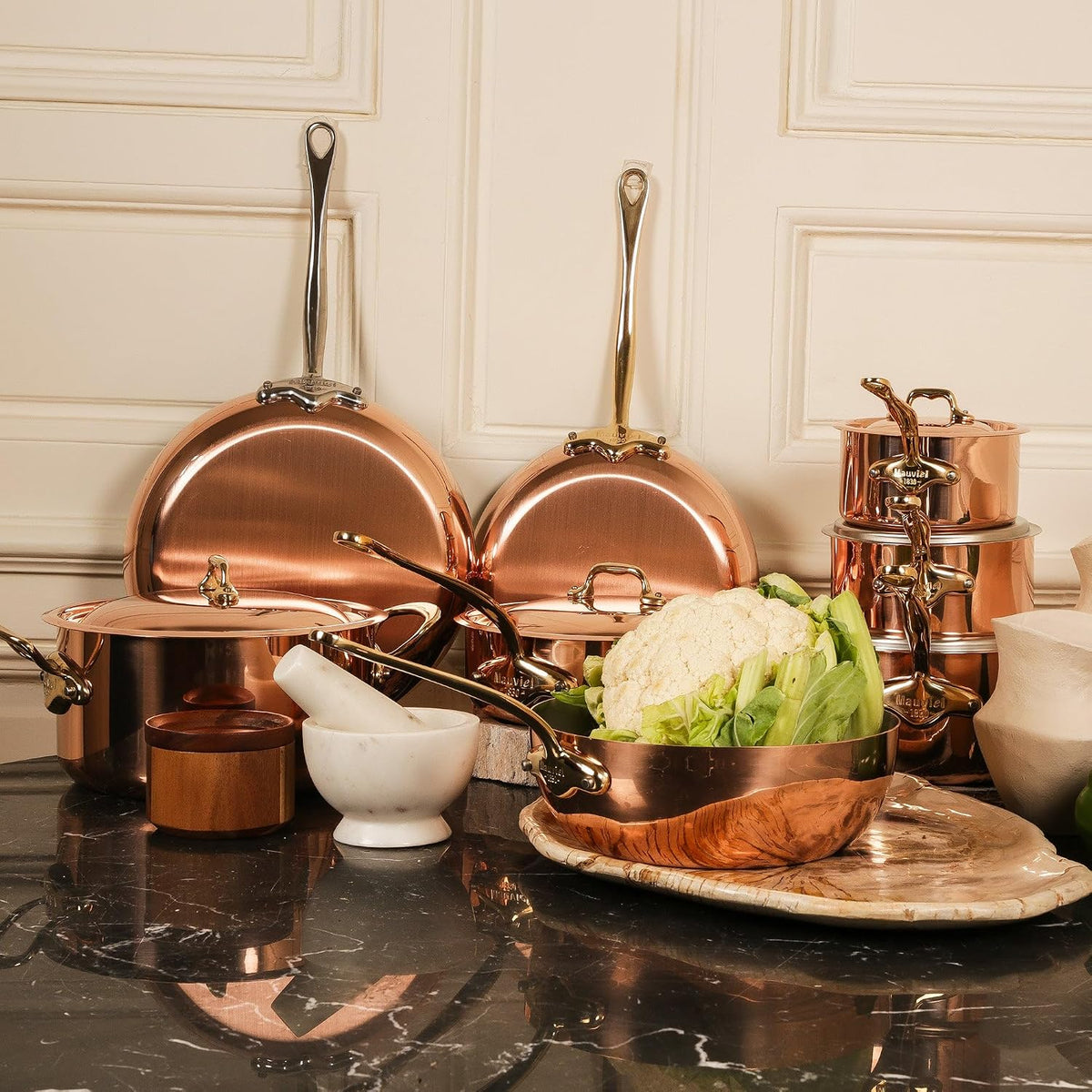 Mauviel copper saucepan brass handle detail close-up